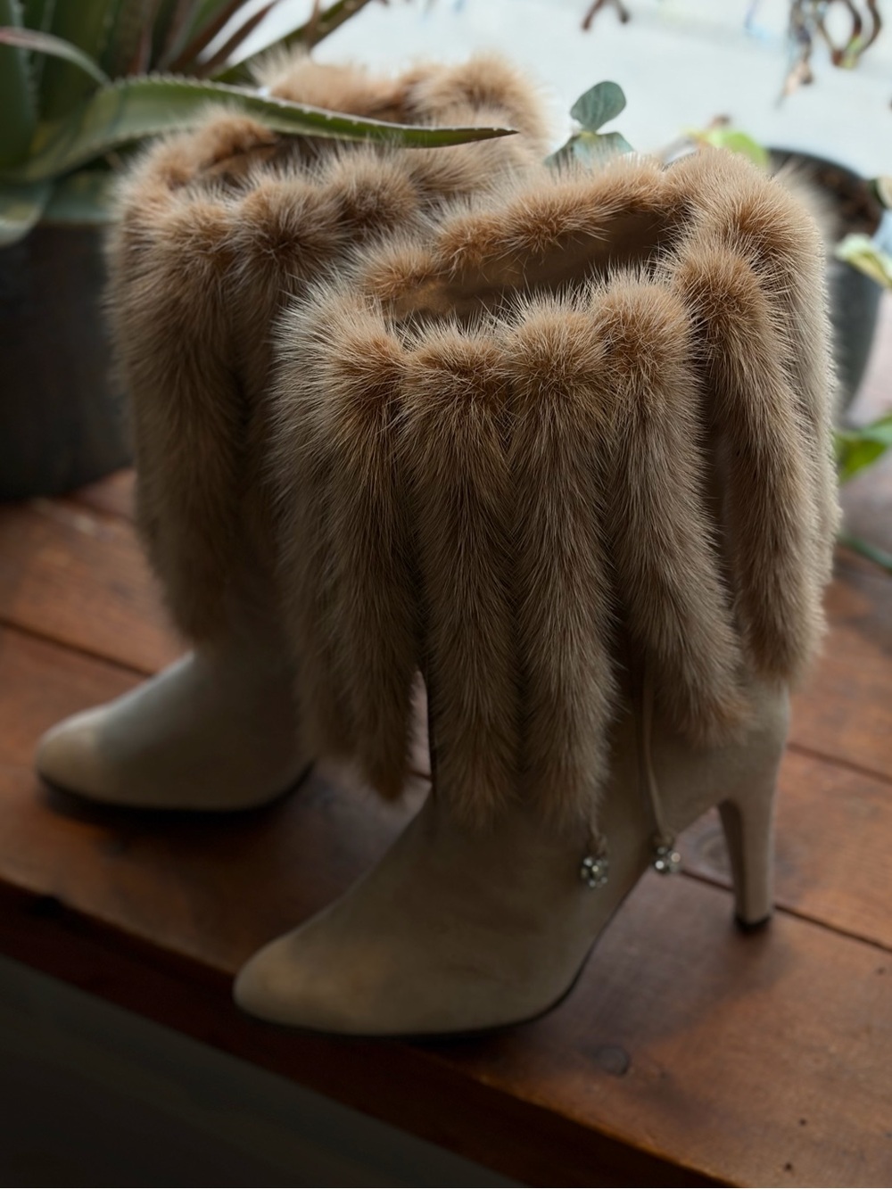 Andrew Geller Mink and Suede Tan Heel Boots